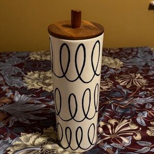 Kate Spade Charlotte Street White Ceramic Canister with Navy Swirls w Wooden Lid